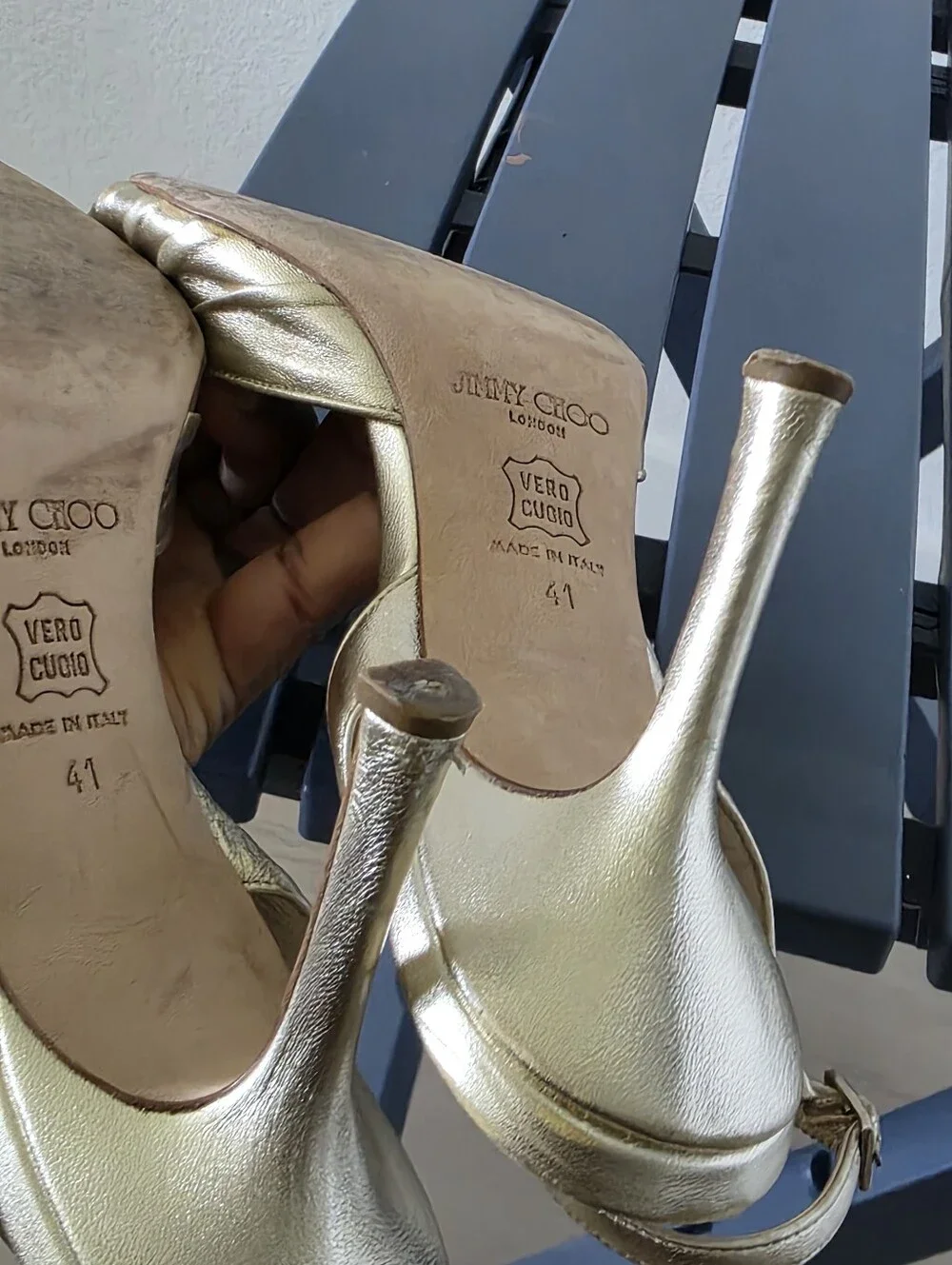 Jimmy Choo Gold Metallic Leather Slingback Sandal Heels Women's US 10 EU 41
